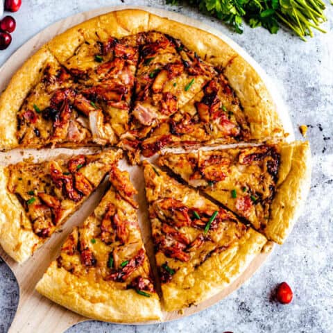 cranberry bbq turkey pizza cut into slices