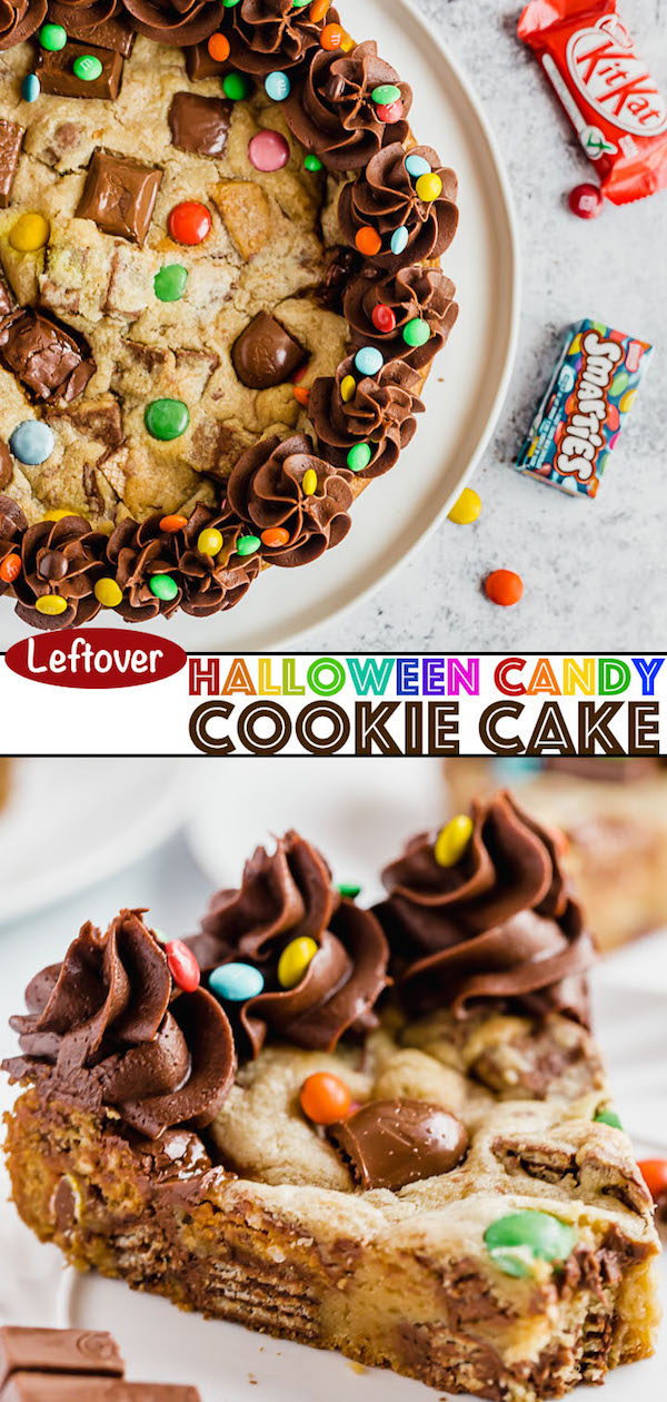 cookie cake loaded with halloween candy and topped with chocolate buttercream