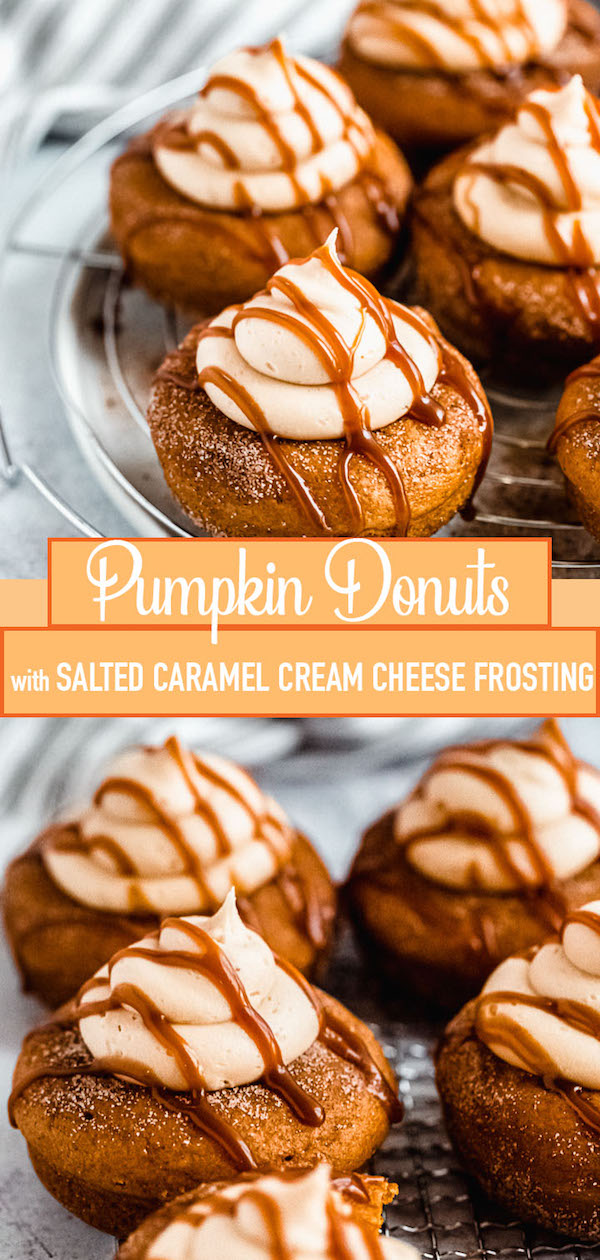 pumpkin donuts topped with salted caramel cream cheese frosting and salted caramel sauce drizzle Pinterest pin image