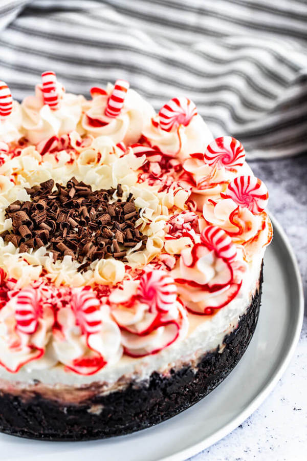 close up of peppermint and chocolate Christmas cheesecake