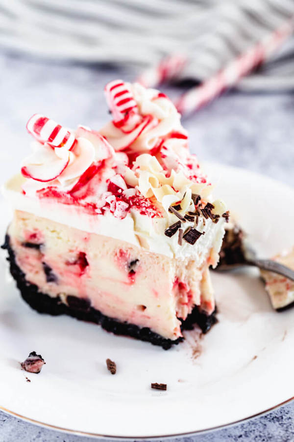 half eaten peppermint candy cheesecake on a plate
