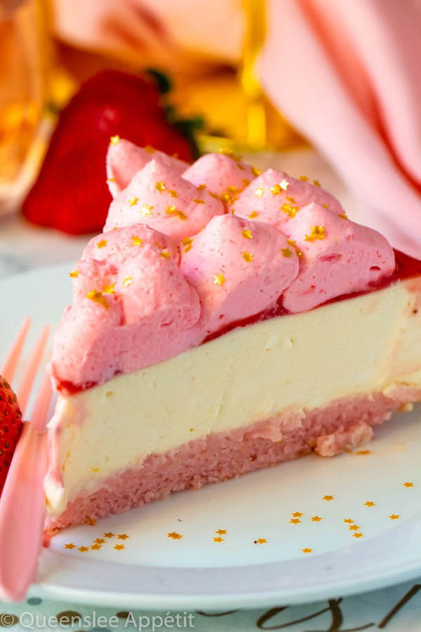 Strawberry Champagne Cheesecake with Champagne Cake Bottom