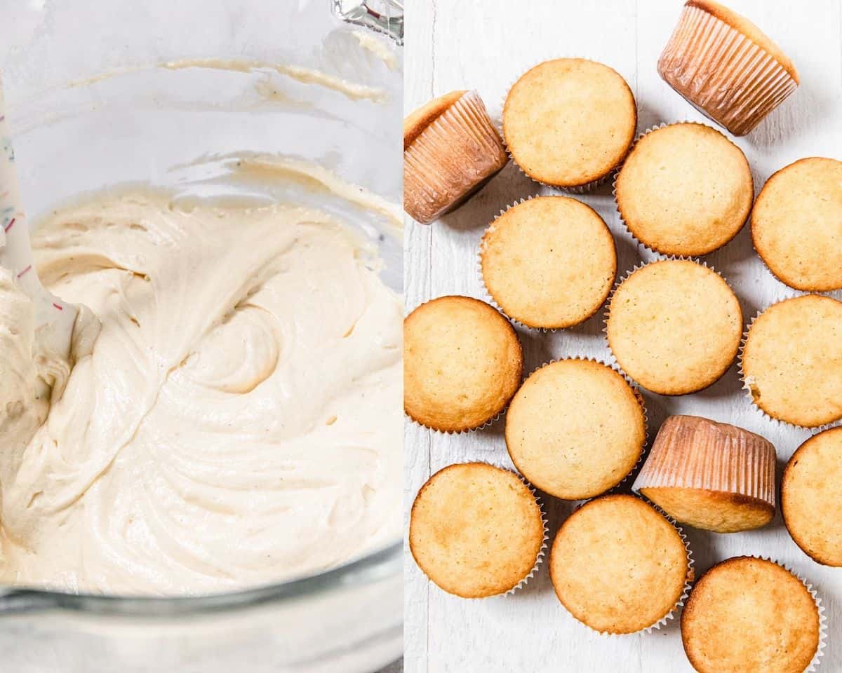 two photo collage of cupcake batter and plain baked cupcakes
