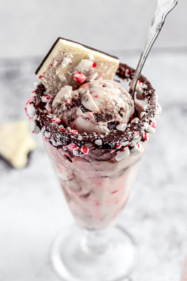 peppermint bark ice cream with candy cane rim