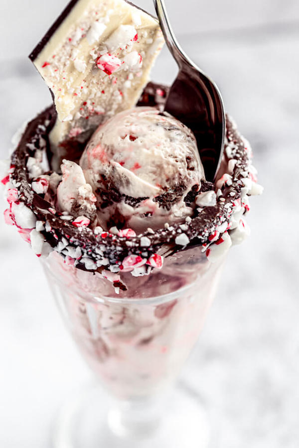 peppermint bark ice cream with candy cane rim