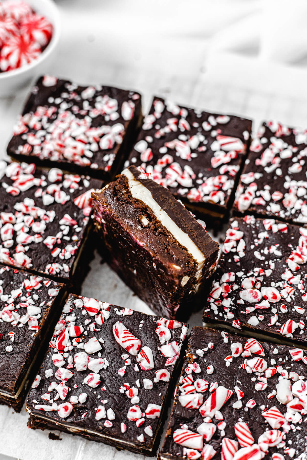 overhead view of brownies with middle brownie facing upwards 