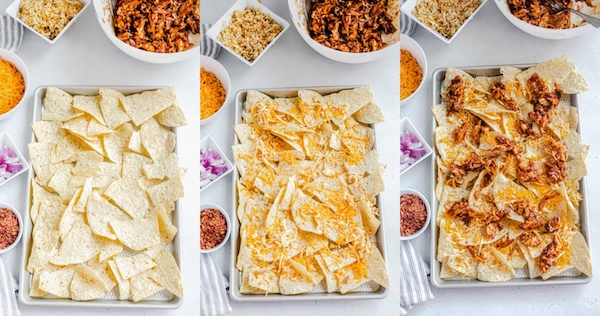 photo collage of putting cheese and chicken on tortilla chips