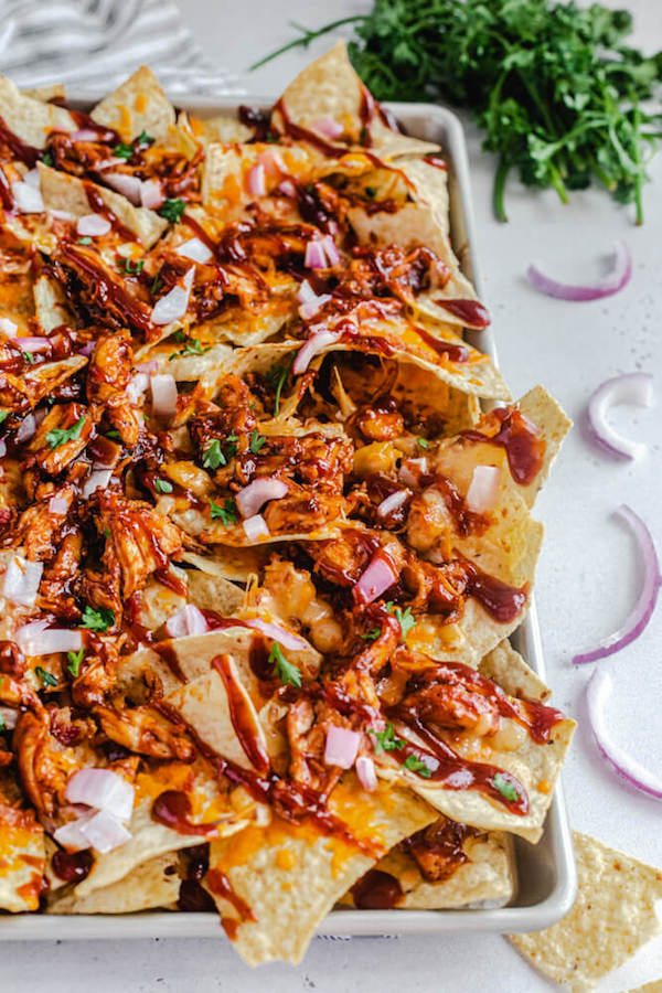 baked nachos on a sheet pan