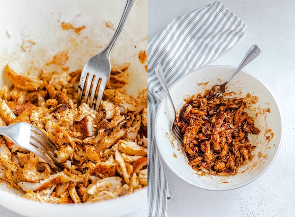 close up of shredded chicken and second photo of shredded chicken coated in barbecue sauce