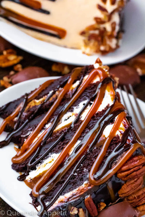 This Turtle Chocolate Layer Cake starts with rich, decadent and moist chocolate cake layers that are filled with a caramel pecan sauce and covered in a smooth caramel frosting, then finished off with a caramel and ganache drip and chopped pecans! 