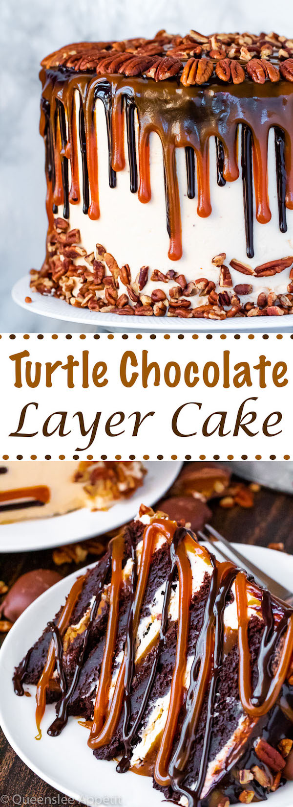 This Turtle Chocolate Layer Cake starts with rich, decadent and moist chocolate cake layers that are filled with a caramel pecan sauce and covered in a smooth caramel frosting, then finished off with a caramel and ganache drip and chopped pecans! 