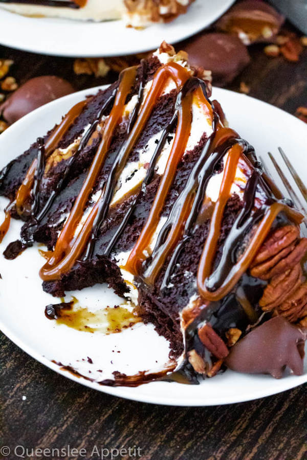 This Turtle Chocolate Layer Cake starts with rich, decadent and moist chocolate cake layers that are filled with a caramel pecan sauce and covered in a smooth caramel frosting, then finished off with a caramel and ganache drip and chopped pecans! 