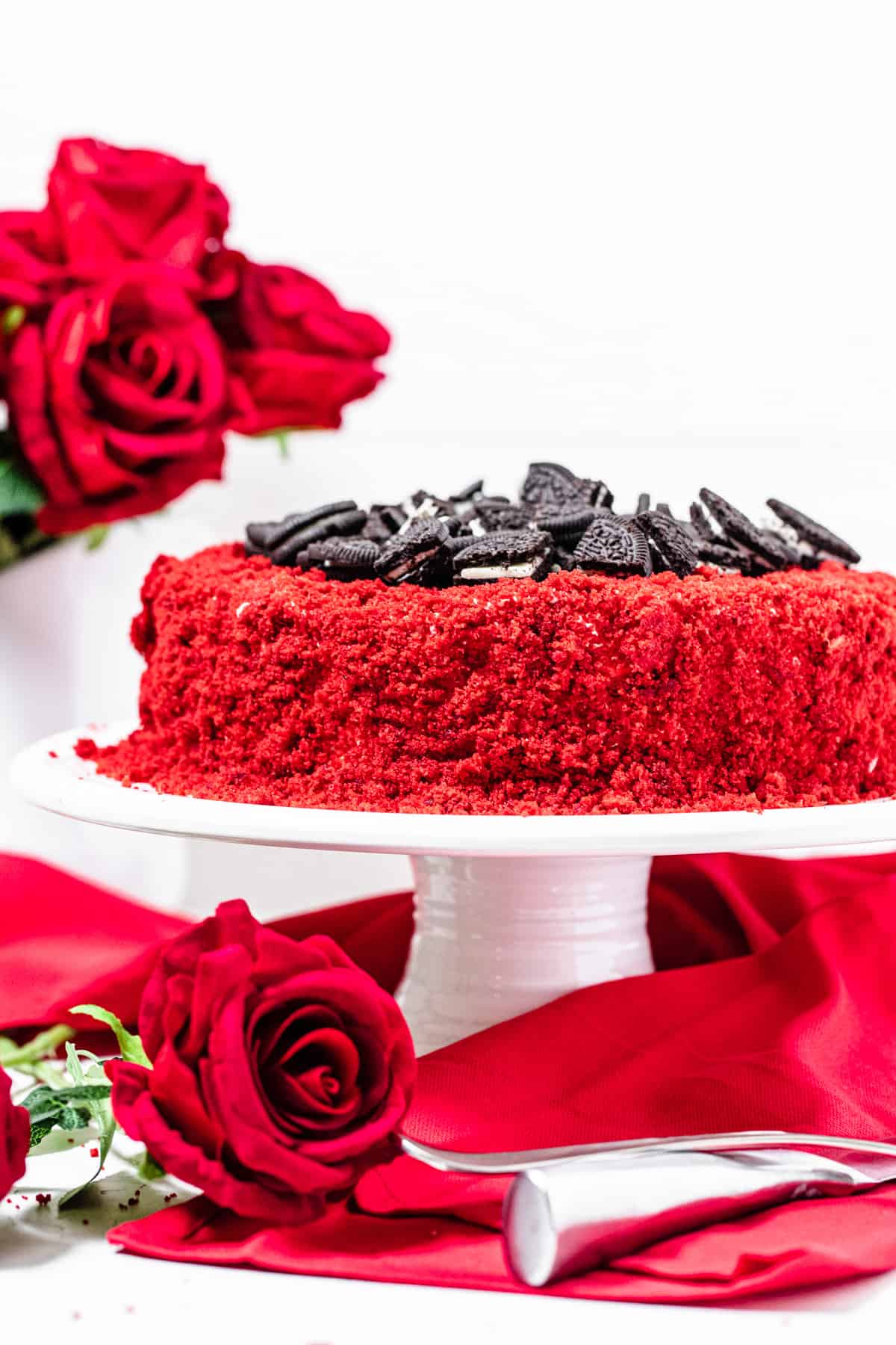 cake coated cheesecake on a white cake stand