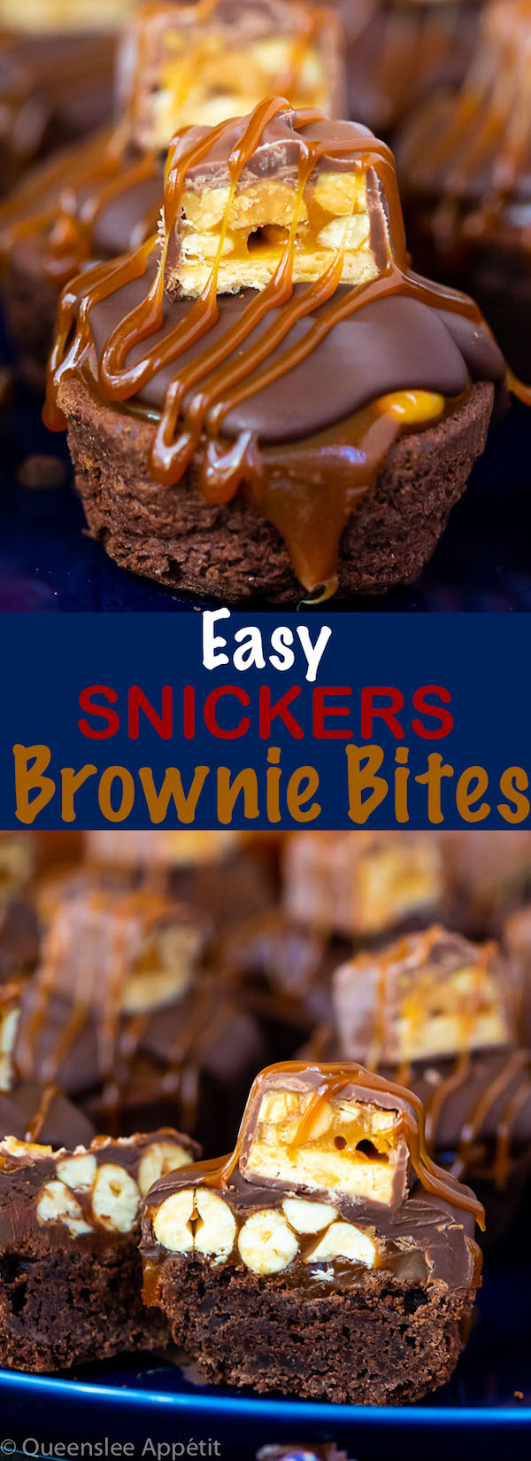 These Snickers Brownie Bites are made with pre-made brownie bites that are topped with a homemade peanut caramel sauce, chocolate peanut butter topping, a fun-size snickers bar and a drizzle of more salted caramel sauce! Such a simple and delicious bite sized treat!