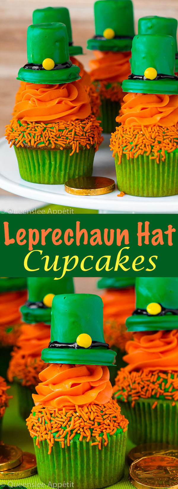 These Leprechaun Hat Cupcakes are super adorable and fun to make! A moist green vanilla cupcake stuffed with gold sprinkles, topped with a fluffy green and orange vanilla frosting and a cute little leprechaun hat sitting on top! This is the ultimate St. Patrick’s Day treat!