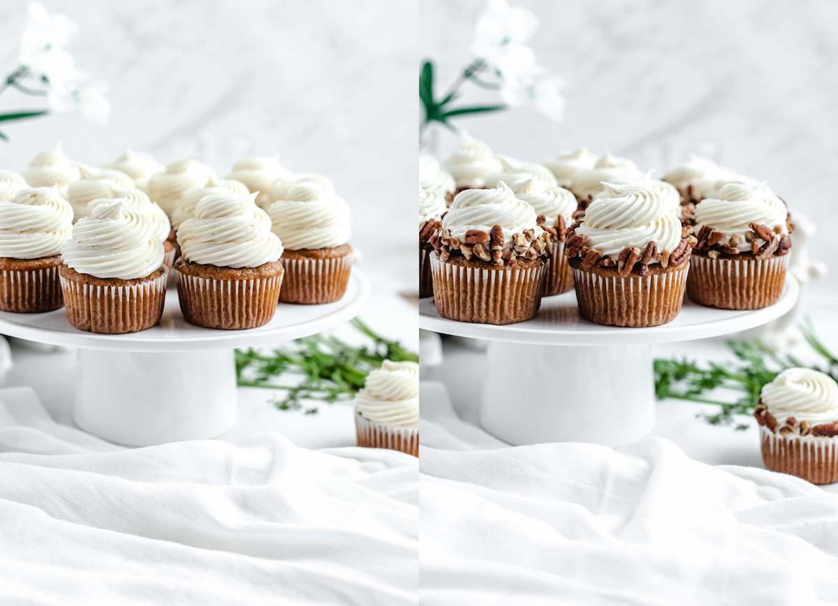 double photo collage of plain frosted cupcakes and frosted cupcakes with chopped pecans around edges