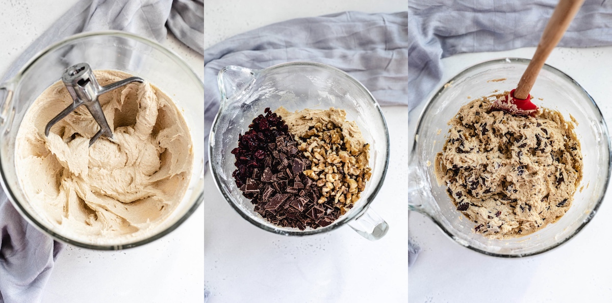 three photo collage of how to make cookie dough with chopped dark chocolate walnuts and dried cranberries