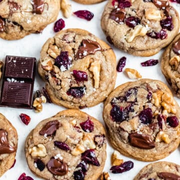 top view of dark chocolate cranberry and walnut cookies