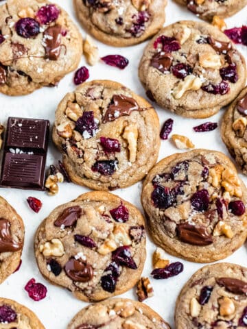 top view of dark chocolate cranberry and walnut cookies