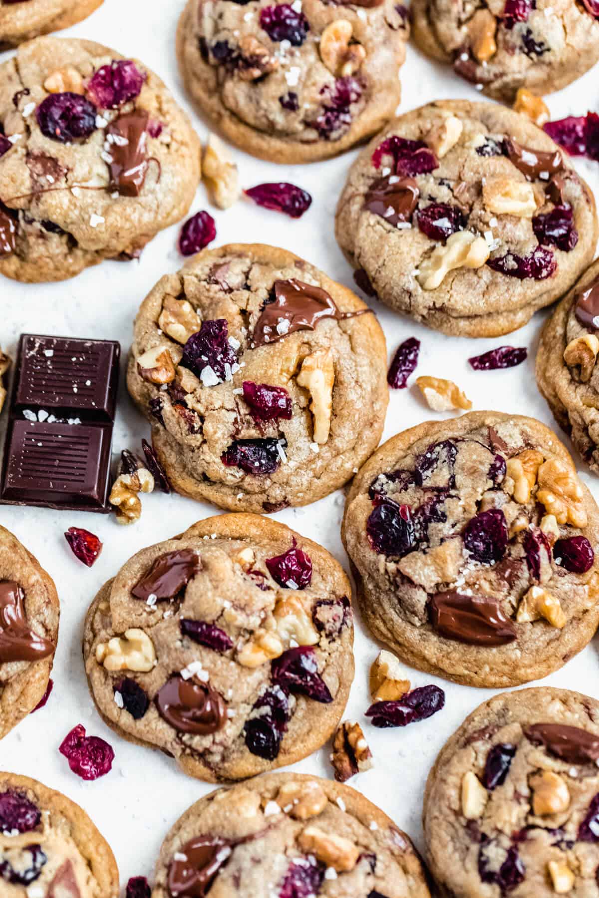 top view of dark chocolate cranberry and walnut cookies