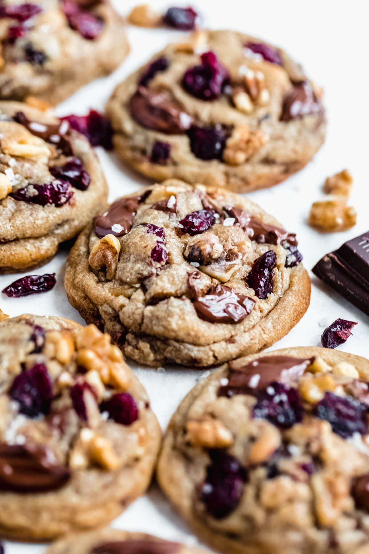 close up of cookies with cranberries, walnuts and dark chocolate 