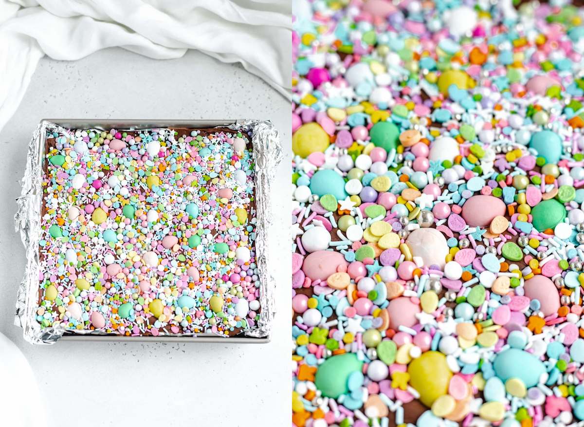 close up photos of spring coloured sprinkles and candy on top of fudge 