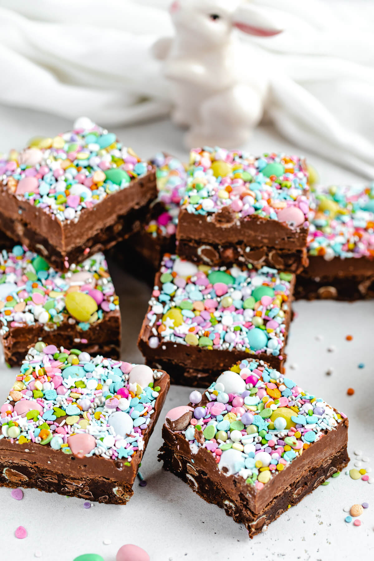 top view of fudge brownies topped with easter sprinkles