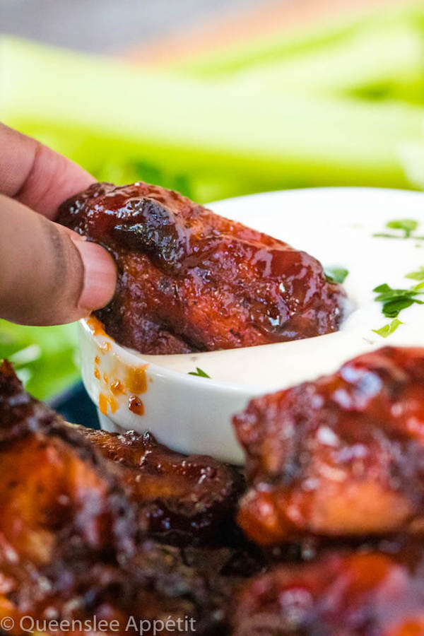 Honey BBQ Chicken Wings dipped in Ranch dressing