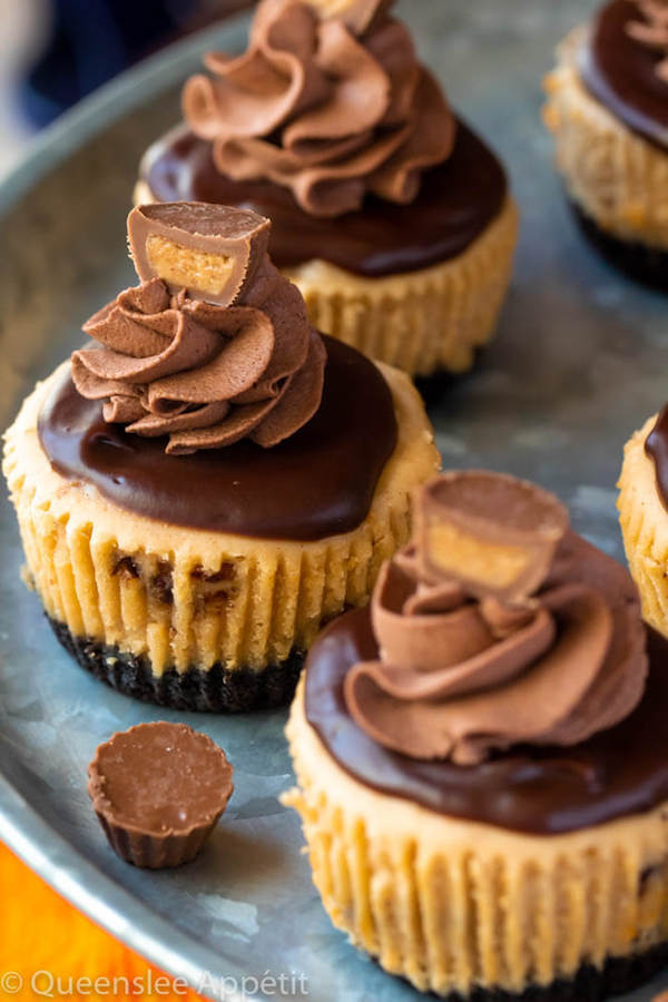 Mini Reese's Peanut Butter Cheesecakes on a cake stand