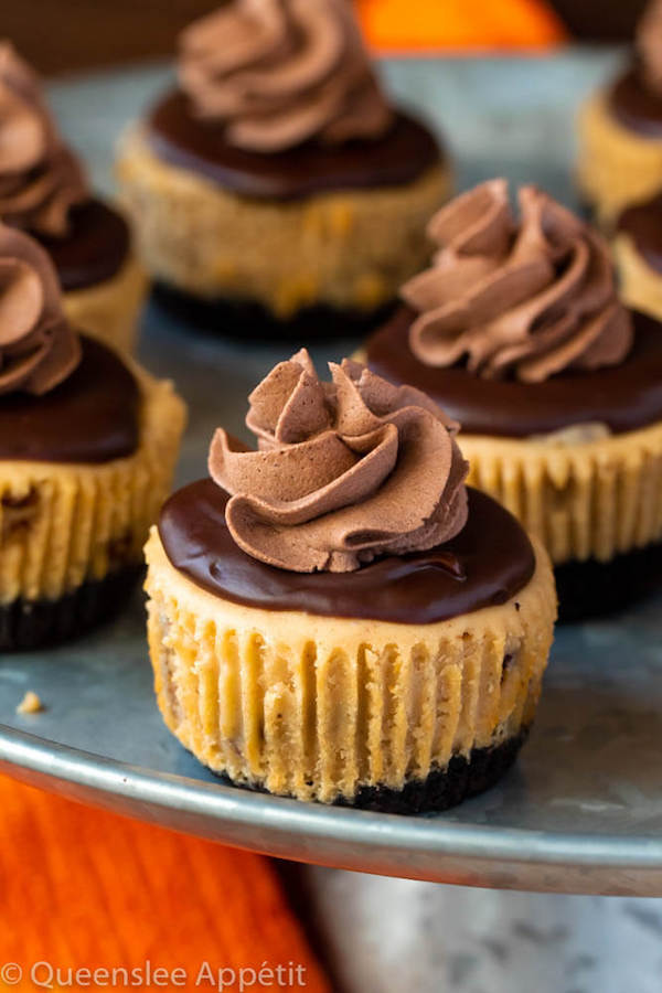 Mini Reese's Peanut Butter Cheesecakes with Chocolate Whipped Cream,
