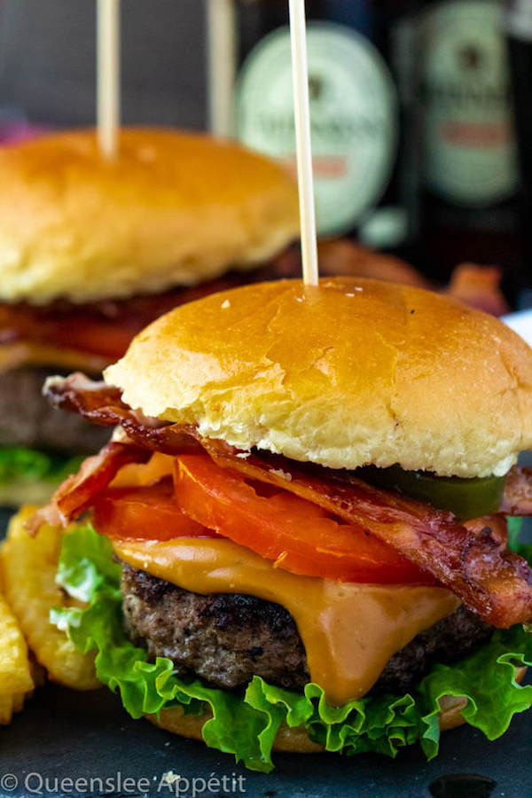 beer burgers with beer cheese sauce and brioche buns