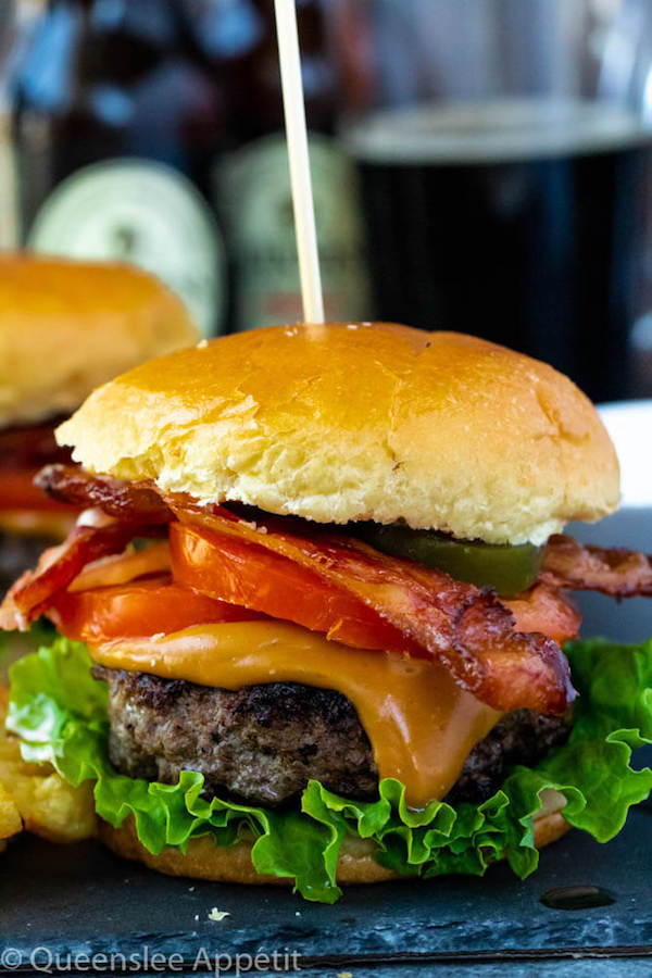 beer burgers with beer cheese sauce and brioche buns