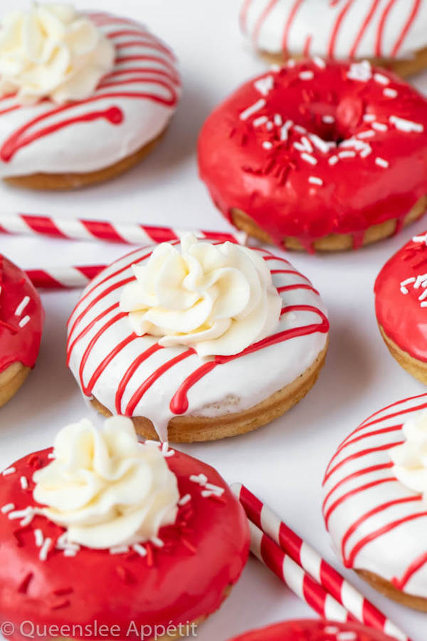 Red and White Vanilla Canada Day Donuts with whipped cream on top