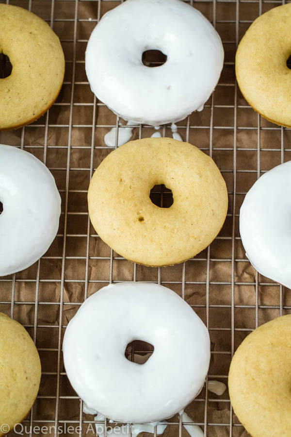 Moist and fluffy baked vanilla donuts dipped in white glaze