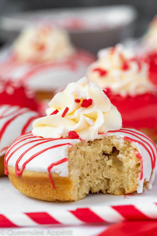 Red and White Vanilla Canada Day Donuts with whipped cream on top