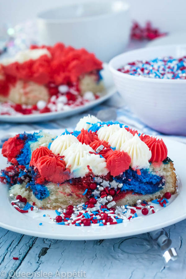 fourth of July flag sheet cake with surprise sprinkle filling