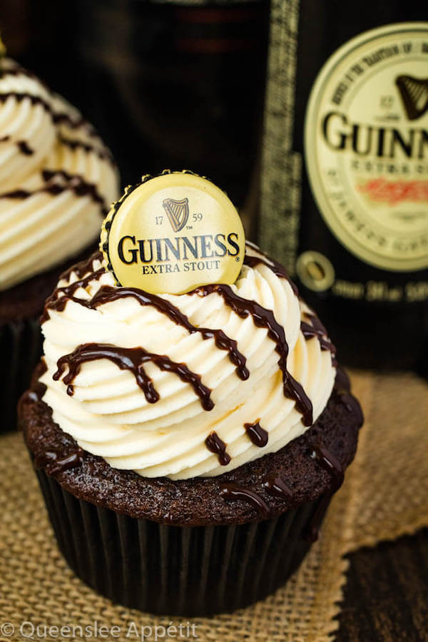 Guinness Chocolate Cupcakes with Baileys Buttercream Frosting, Guinness ganache drizzle and beer bottle cap on top