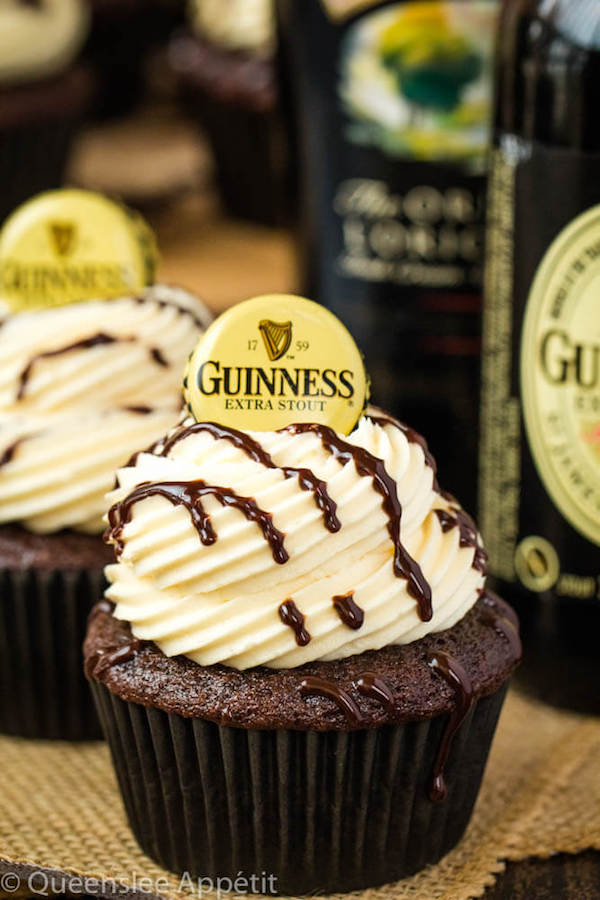Guinness Chocolate Cupcakes with Baileys Buttercream Frosting, Guinness ganache drizzle and beer bottle cap on top