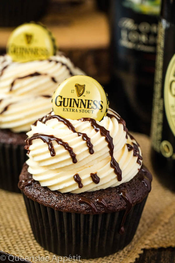 Guinness Chocolate Cupcakes with Baileys Buttercream Frosting, Guinness ganache drizzle and beer bottle cap on top