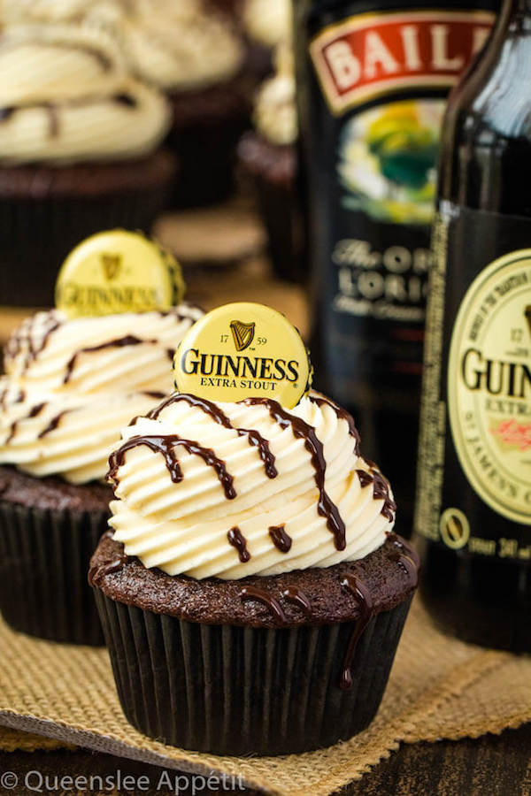 Guinness Chocolate Cupcakes with Baileys Buttercream Frosting, Guinness ganache drizzle and beer bottle cap on top