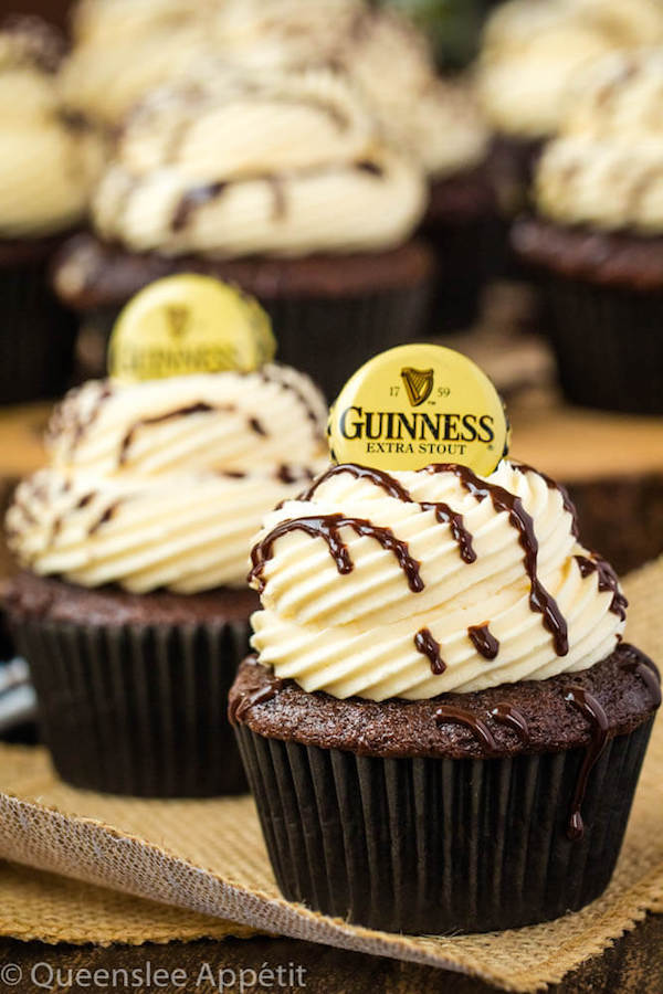 Guinness Chocolate Cupcakes with Baileys Buttercream Frosting, Guinness ganache drizzle and beer bottle cap on top