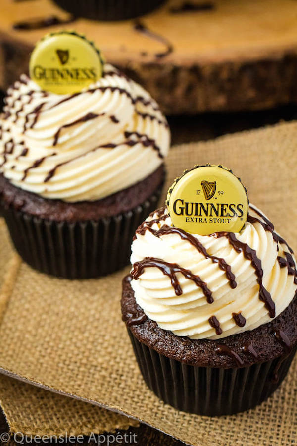 Guinness Chocolate Cupcakes with Baileys Buttercream Frosting, Guinness ganache drizzle and beer bottle cap on top