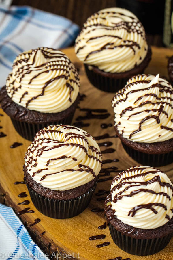 Guinness Chocolate Cupcakes with Baileys Buttercream Frosting, Guinness ganache drizzle