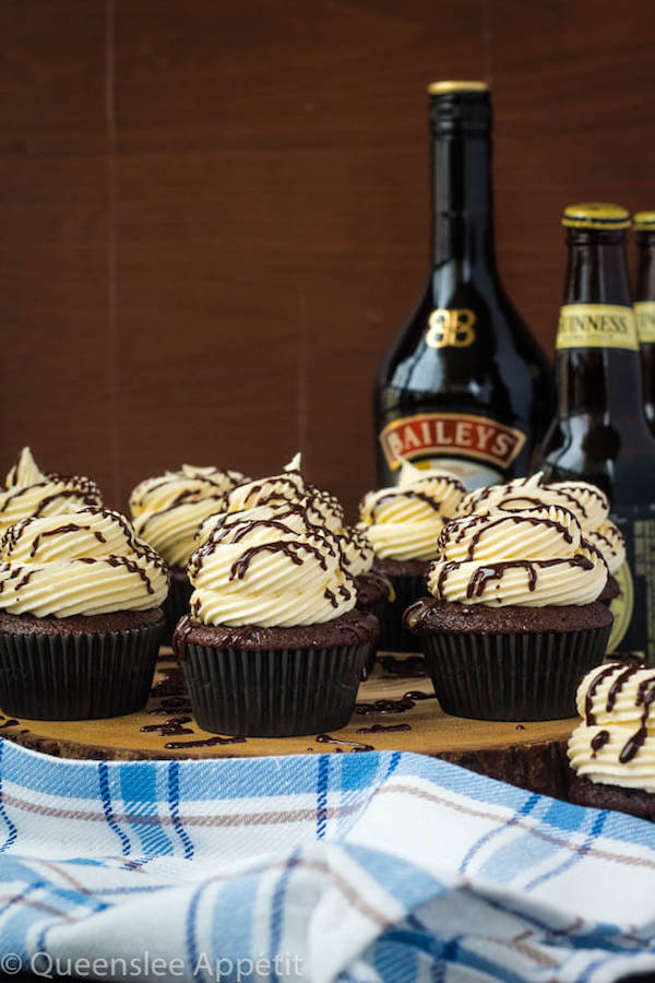 Guinness Chocolate Cupcakes with Baileys Buttercream Frosting, Guinness ganache drizzle