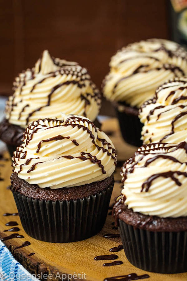 Guinness Chocolate Cupcakes with Baileys Buttercream Frosting, Guinness ganache drizzle