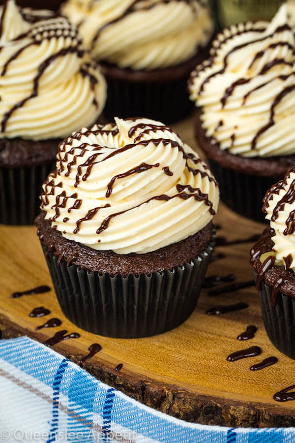 Guinness Chocolate Cupcakes with Baileys Buttercream Frosting, Guinness ganache drizzle