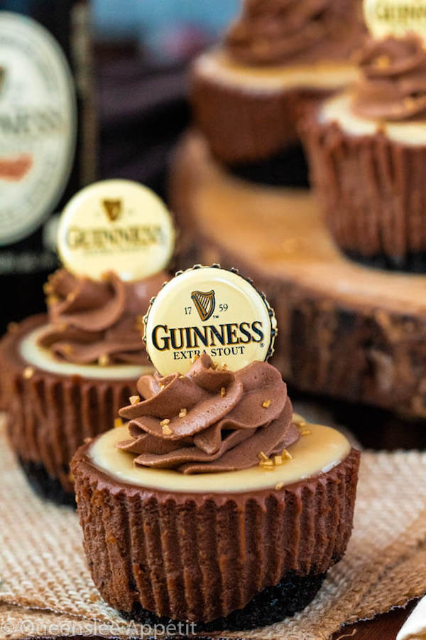 Mini Guinness Chocolate Cheesecakes with White Chocolate Baileys Ganache and Guinness Chocolate Whipped Cream