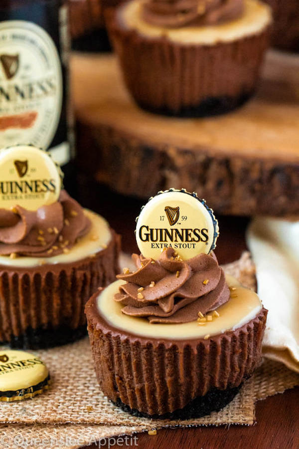 Mini Guinness Chocolate Cheesecakes with White Chocolate Baileys Ganache and Guinness Chocolate Whipped Cream