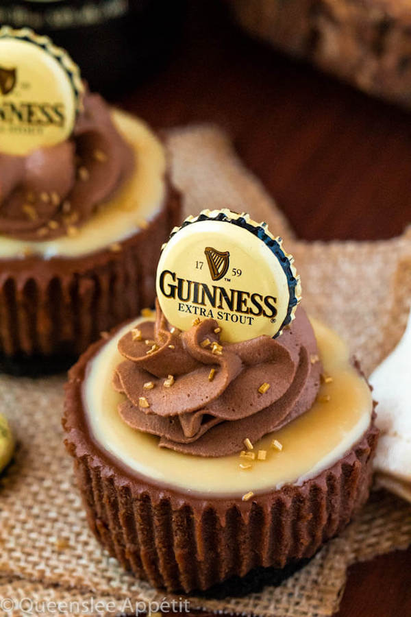 Mini Guinness Chocolate Cheesecakes with White Chocolate Baileys Ganache and Guinness Chocolate Whipped Cream