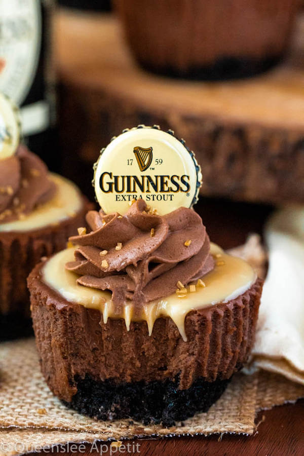 Mini Guinness Chocolate Cheesecakes with White Chocolate Baileys Ganache and Guinness Chocolate Whipped Cream